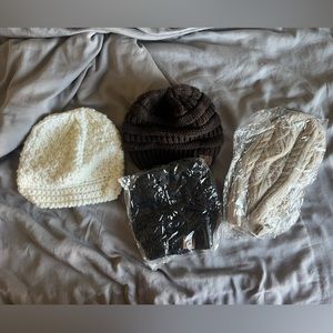 4 knitted hats brown, tan, black and white -one size fits all